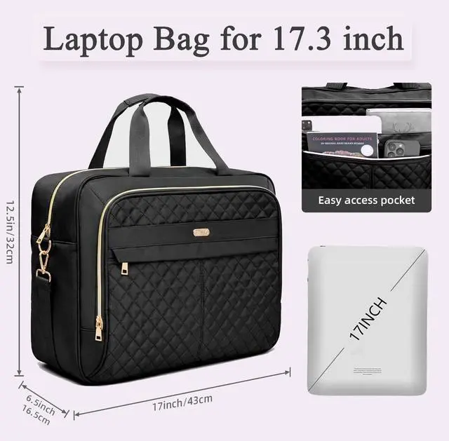 Alt view image 3 of 6 - 17 Inch Laptop Bag for Women, Computer Bag, Laptop Briefcase, Black | Messenger Bag for Work, Quilted Water-resistant Women's large laptop bag for Teacher & College, Business, Travel
