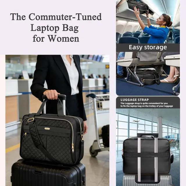 Alt view image 5 of 6 - 17 Inch Laptop Bag for Women, Computer Bag, Laptop Briefcase, Black | Messenger Bag for Work, Quilted Water-resistant Women's large laptop bag for Teacher & College, Business, Travel