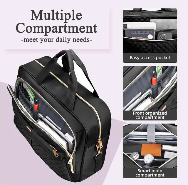 Alt view image 4 of 6 - 17 Inch Laptop Bag for Women, Computer Bag, Laptop Briefcase, Black | Messenger Bag for Work, Quilted Water-resistant Women's large laptop bag for Teacher & College, Business, Travel