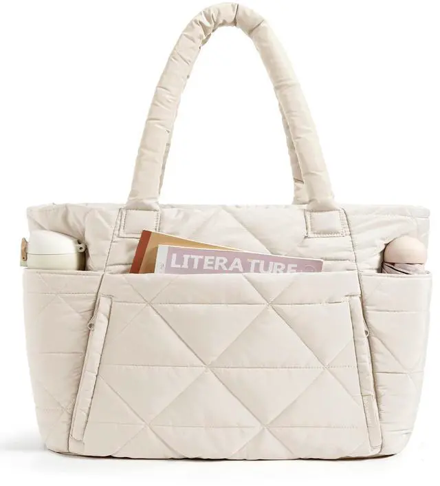 Main image of Tote Bag for Women, Puffy Tote Bag with Zipper, Large Quilted Shoulder Bag with Compartments for Travel, Work, Gym (Beige)