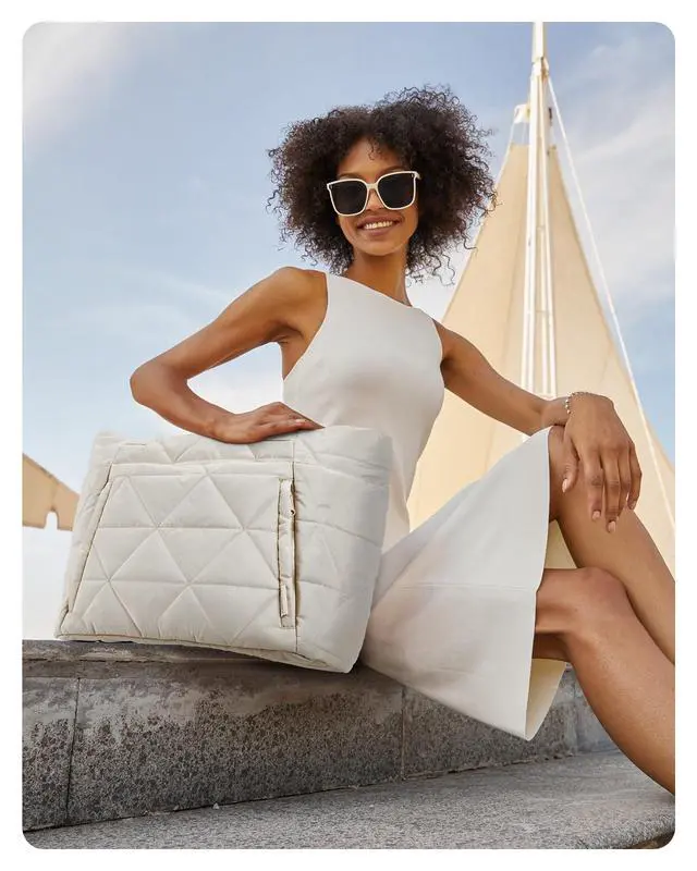 Alt view image 3 of 7 - Tote Bag for Women, Puffy Tote Bag with Zipper, Large Quilted Shoulder Bag with Compartments for Travel, Work, Gym (Beige)