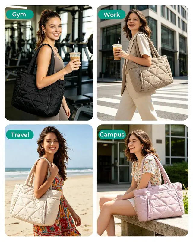 Alt view image 2 of 7 - Tote Bag for Women, Puffy Tote Bag with Zipper, Large Quilted Shoulder Bag with Compartments for Travel, Work, Gym (Beige)