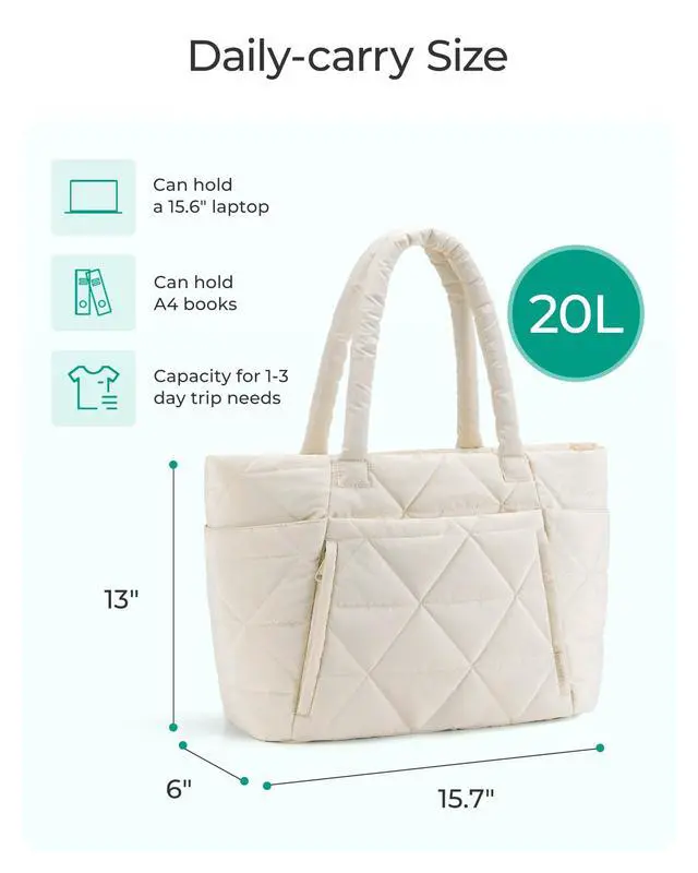 Alt view image 4 of 7 - Tote Bag for Women, Puffy Tote Bag with Zipper, Large Quilted Shoulder Bag with Compartments for Travel, Work, Gym (Beige)