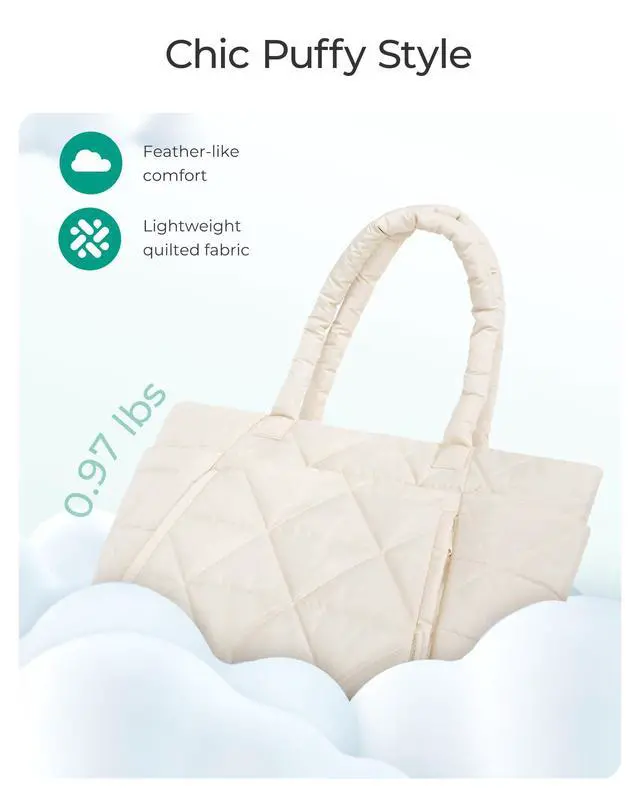Alt view image 5 of 7 - Tote Bag for Women, Puffy Tote Bag with Zipper, Large Quilted Shoulder Bag with Compartments for Travel, Work, Gym (Beige)