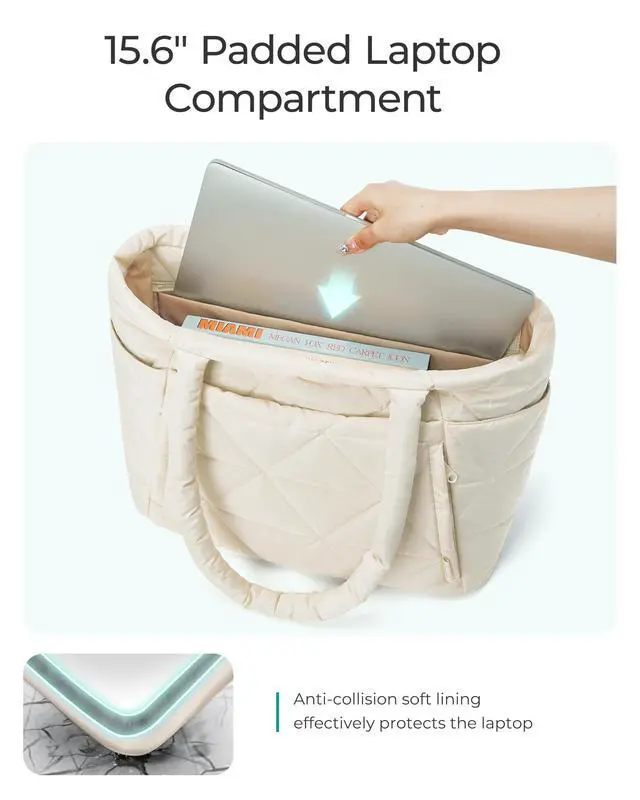 Alt view image 7 of 7 - Tote Bag for Women, Puffy Tote Bag with Zipper, Large Quilted Shoulder Bag with Compartments for Travel, Work, Gym (Beige)
