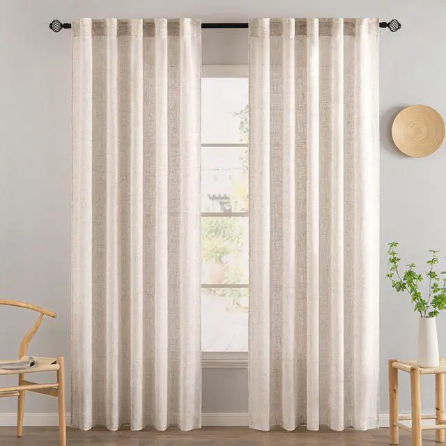 Alt view image 2 of 7 - Natural White Linen Curtains 52x84 Inch Long for Bedroom Living Room | Soft Thick Linen Textured Window Drapes,Semi Sheer Light Filtering,Rod Pocket Back Tab,Neutral Farmhouse Cream Ivory 2 Panels