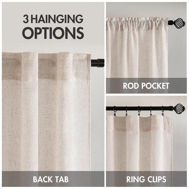 Alt view image 3 of 7 - Natural White Linen Curtains 52x84 Inch Long for Bedroom Living Room | Soft Thick Linen Textured Window Drapes,Semi Sheer Light Filtering,Rod Pocket Back Tab,Neutral Farmhouse Cream Ivory 2 Panels