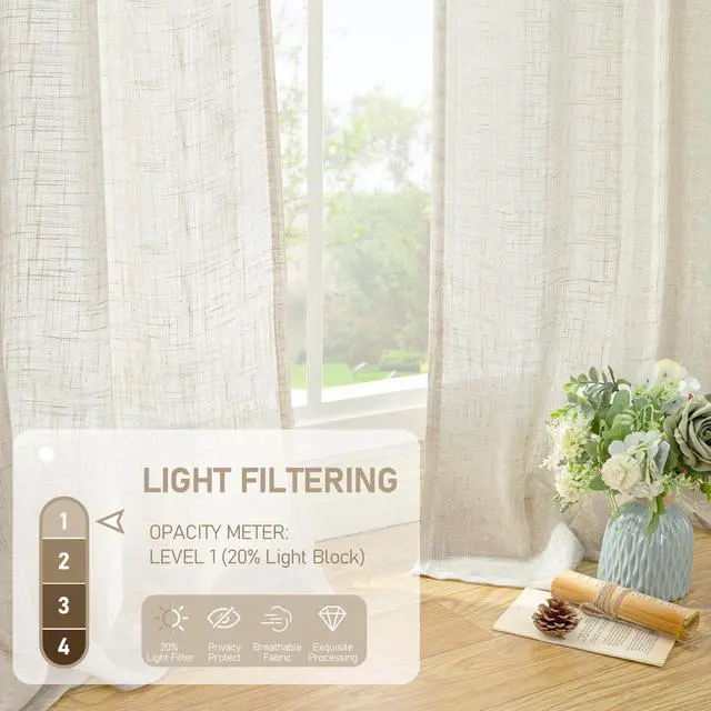 Alt view image 4 of 7 - Cream Ivory Linen Semi Sheer Curtains 84 inch Length for Bedroom | Light Filtering, Living Room Curtains, Soft Thick Neutral, Drapes for Farmhouse, Bronze Grommet, 2 Panels, 52 x 84 Inch