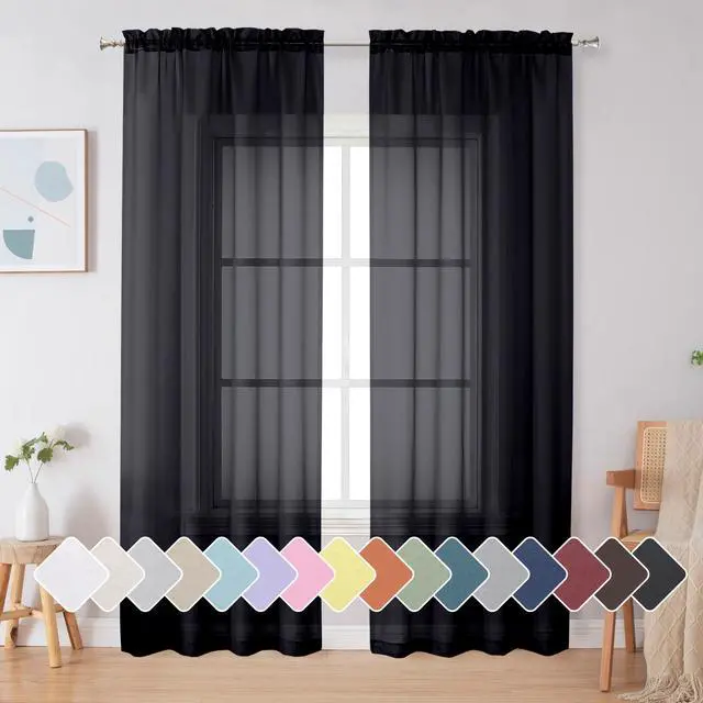 Main image of Black Sheer Curtains 84 Inches Long, Light Filtering Rod Pocket Solid Color Window Sheer Curtain Panels, Elegant Curtains & Drapes for Living Room, Bedroom 2 Panels (Black, 42" W x 84" L)