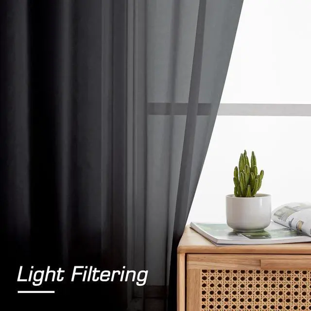 Alt view image 4 of 7 - Black Sheer Curtains 84 Inches Long, Light Filtering Rod Pocket Solid Color Window Sheer Curtain Panels, Elegant Curtains & Drapes for Living Room, Bedroom 2 Panels (Black, 42" W x 84" L)