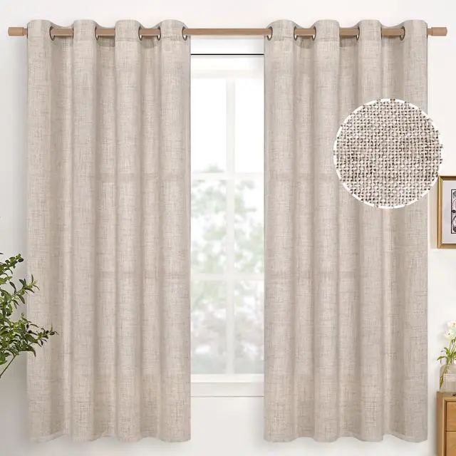 Main image of Linen Semi Sheer Curtains 63 Inch Length, Light Filtering Drapes | Bronze Grommet Beige Window Treatments for Office Bedroom Living Room, 2 Panels, 52 X 63 Inch