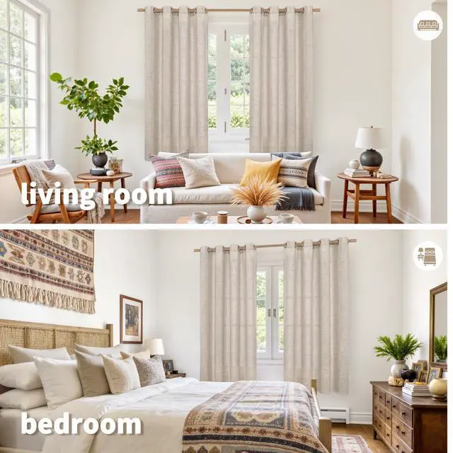 Alt view image 2 of 7 - Linen Semi Sheer Curtains 63 Inch Length, Light Filtering Drapes | Bronze Grommet Beige Window Treatments for Office Bedroom Living Room, 2 Panels, 52 X 63 Inch