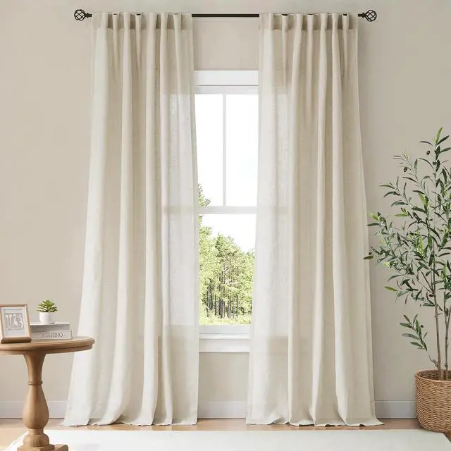 Main image of Natural Linen Curtains & Drapes for Windows 84 inch Long, Rod Pocket & Back Tab Thick Flax Semi Sheer Privacy Assured with Light Filtering for Bedroom/Living Room, W55 x L84, 2 Pieces