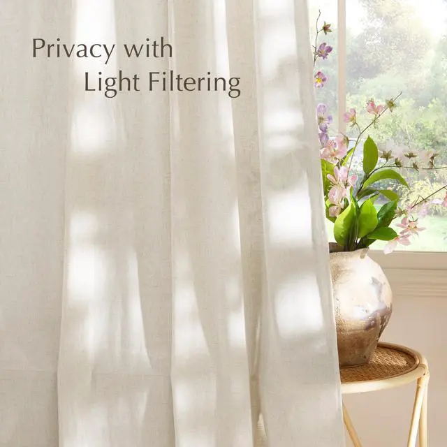 Alt view image 3 of 7 - Natural Linen Curtains & Drapes for Windows 84 inch Long, Rod Pocket & Back Tab Thick Flax Semi Sheer Privacy Assured with Light Filtering for Bedroom/Living Room, W55 x L84, 2 Pieces
