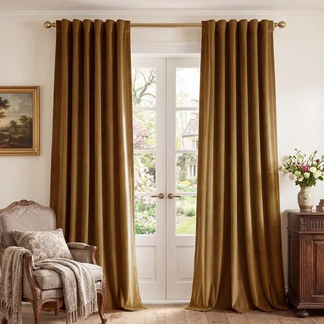 Main image of Gold Brown Velvet Curtains for Living Room Boho, W52 x L84, 2 Panels | Back Tab 300GSM Soft Velvet, Room Darkening, Privacy Vintage Drapes, Thermal Insulated, Window Panels for Living Dining Room