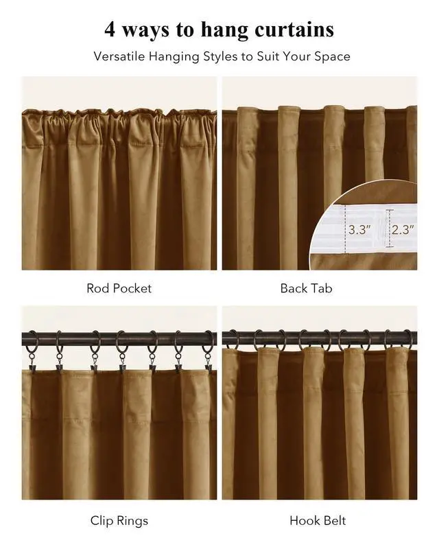 Alt view image 2 of 7 - Gold Brown Velvet Curtains for Living Room Boho, W52 x L84, 2 Panels | Back Tab 300GSM Soft Velvet, Room Darkening, Privacy Vintage Drapes, Thermal Insulated, Window Panels for Living Dining Room