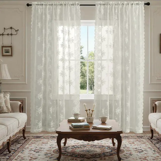 Alt view image 2 of 7 - Ivory Lace Curtains for Bedroom Rustic Floral 52 x 84 Inch, 2 Panels | Rod Pocket, Intricate Knitted Detail, Softened Glare, Soft Country Elegance, Classic Full-Length Look, Privacy
