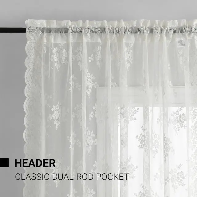 Alt view image 4 of 7 - Ivory Lace Curtains for Bedroom Rustic Floral 52 x 84 Inch, 2 Panels | Rod Pocket, Intricate Knitted Detail, Softened Glare, Soft Country Elegance, Classic Full-Length Look, Privacy
