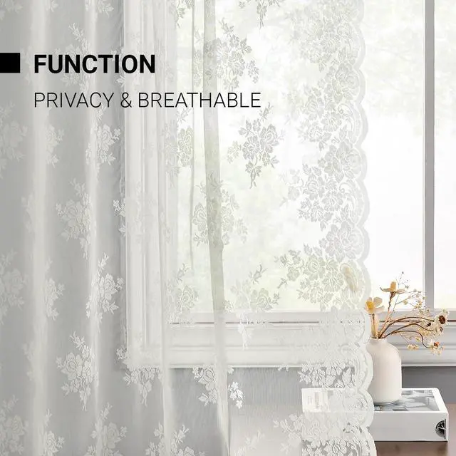 Alt view image 5 of 7 - Ivory Lace Curtains for Bedroom Rustic Floral 52 x 84 Inch, 2 Panels | Rod Pocket, Intricate Knitted Detail, Softened Glare, Soft Country Elegance, Classic Full-Length Look, Privacy
