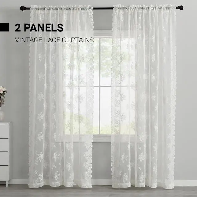 Alt view image 6 of 7 - Ivory Lace Curtains for Bedroom Rustic Floral 52 x 84 Inch, 2 Panels | Rod Pocket, Intricate Knitted Detail, Softened Glare, Soft Country Elegance, Classic Full-Length Look, Privacy