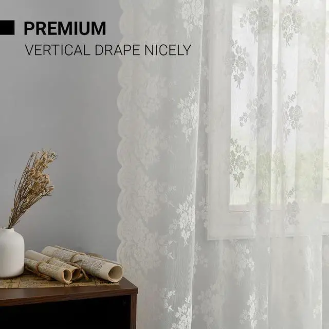 Alt view image 7 of 7 - Ivory Lace Curtains for Bedroom Rustic Floral 52 x 84 Inch, 2 Panels | Rod Pocket, Intricate Knitted Detail, Softened Glare, Soft Country Elegance, Classic Full-Length Look, Privacy