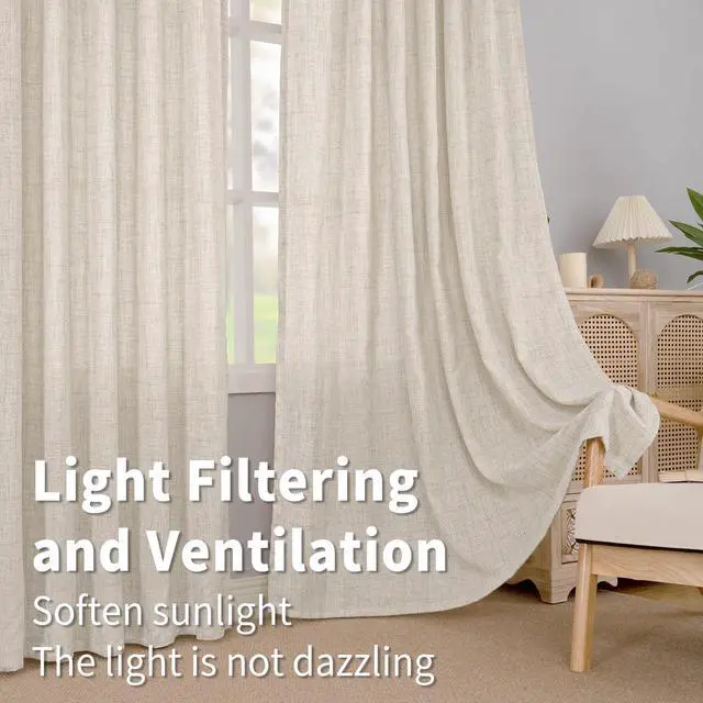 Alt view image 3 of 7 - Linen Curtains 63 Inch Length 2 Panels Living Room Semi Sheer Drapes | Light Filtering Window Treatments with Rod Pocket Back Tab Lightweight for Bedroom, 52 X 63 Inch