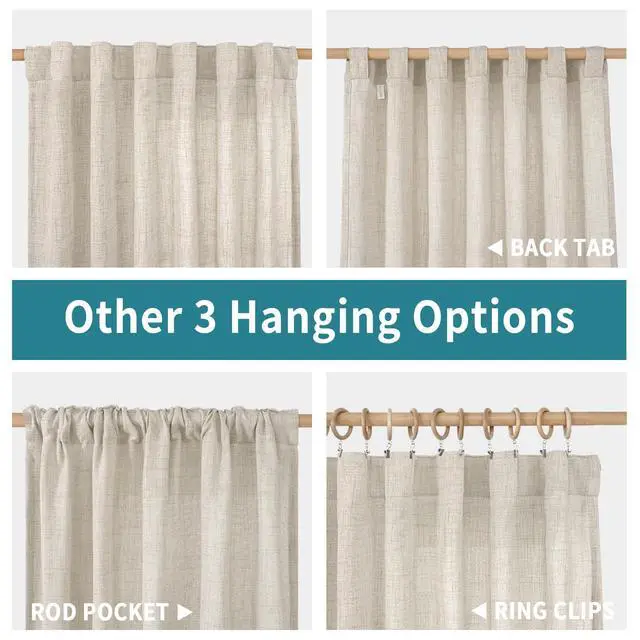 Alt view image 6 of 7 - Linen Curtains 63 Inch Length 2 Panels Living Room Semi Sheer Drapes | Light Filtering Window Treatments with Rod Pocket Back Tab Lightweight for Bedroom, 52 X 63 Inch