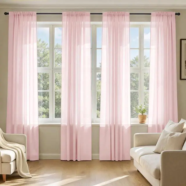 Main image of Blush Pink Sheer Curtains 84 Inches Long 4 Panels 42 x 84 Inches | Light Filtering, Rod Pocket, Voile Drapes, Living Room, Bedroom, Window Treatments