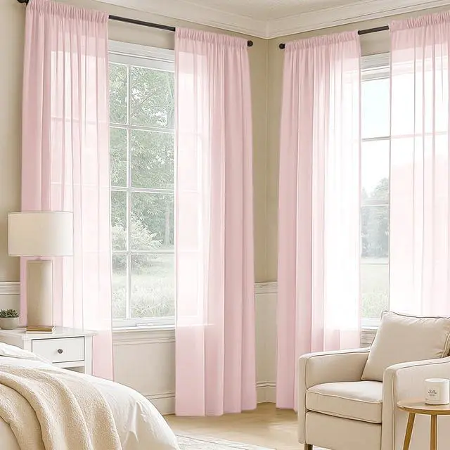 Alt view image 2 of 7 - Blush Pink Sheer Curtains 84 Inches Long 4 Panels 42 x 84 Inches | Light Filtering, Rod Pocket, Voile Drapes, Living Room, Bedroom, Window Treatments