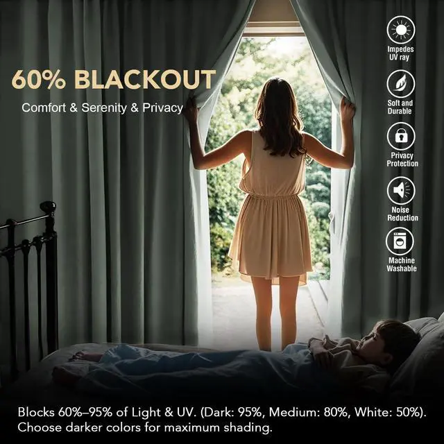 Alt view image 3 of 7 - Blackout Curtains Thermal Insulated Window Treatment Panels Room Darkening Blackout Drapes for Living Room Back Tab/Rod Pocket Bedroom Draperies, 52 x 84 Inch, Light Sage, 2 Panels