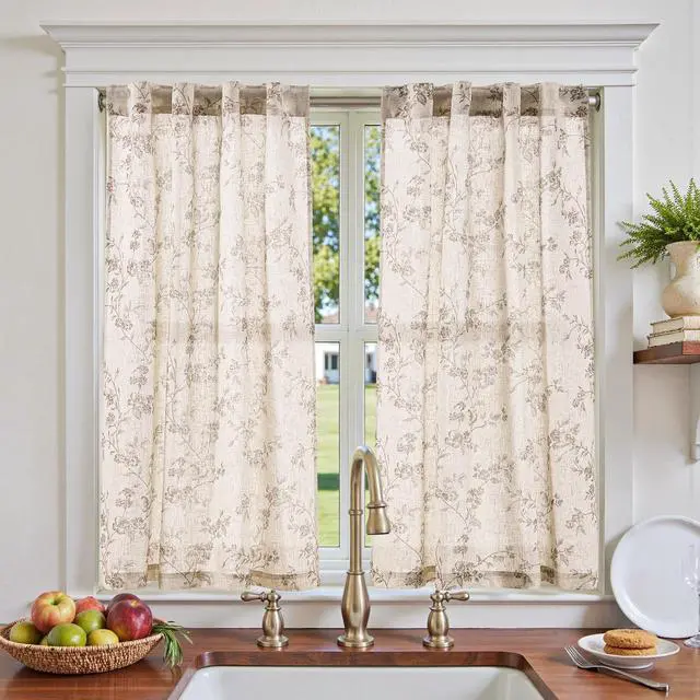 Main image of Floral Linen Kitchen Curtains, 45 Inch, Back Tab, 2 Panels, Taupe | Back tab, linen-blend, botanical floral print, farmhouse, light filtering, privacy, kitchens and dining rooms