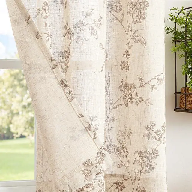 Alt view image 3 of 7 - Floral Linen Kitchen Curtains, 45 Inch, Back Tab, 2 Panels, Taupe | Back tab, linen-blend, botanical floral print, farmhouse, light filtering, privacy, kitchens and dining rooms