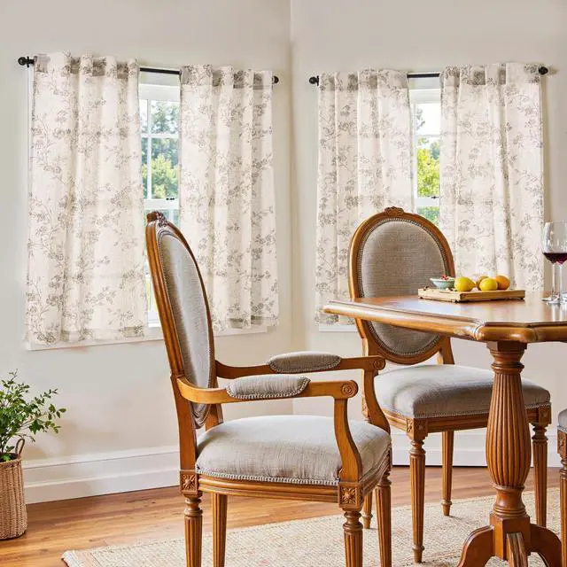 Alt view image 2 of 7 - Floral Linen Kitchen Curtains, 45 Inch, Back Tab, 2 Panels, Taupe | Back tab, linen-blend, botanical floral print, farmhouse, light filtering, privacy, kitchens and dining rooms