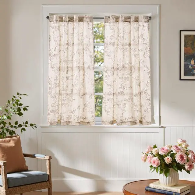 Alt view image 4 of 7 - Floral Linen Kitchen Curtains, 45 Inch, Back Tab, 2 Panels, Taupe | Back tab, linen-blend, botanical floral print, farmhouse, light filtering, privacy, kitchens and dining rooms