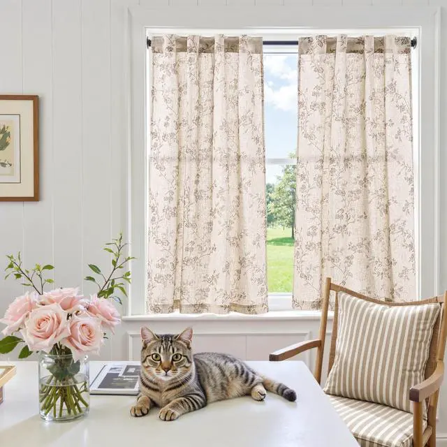 Alt view image 6 of 7 - Floral Linen Kitchen Curtains, 45 Inch, Back Tab, 2 Panels, Taupe | Back tab, linen-blend, botanical floral print, farmhouse, light filtering, privacy, kitchens and dining rooms