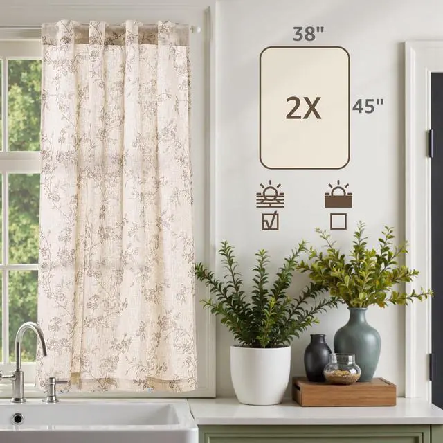 Alt view image 7 of 7 - Floral Linen Kitchen Curtains, 45 Inch, Back Tab, 2 Panels, Taupe | Back tab, linen-blend, botanical floral print, farmhouse, light filtering, privacy, kitchens and dining rooms