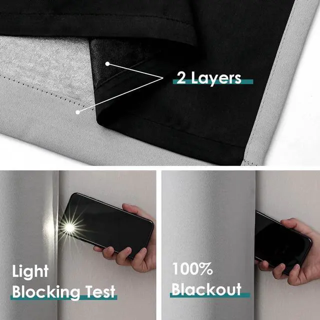 Alt view image 4 of 7 - 100% Blackout Curtains for Bedroom 63 Inch Long with Black Liner | 2 Thick Layers, Thermal Insulated, Grommet, Window Treatment, Living Room Drapes, 2 Panels Set, Light Grey, 42 x 63 Inch