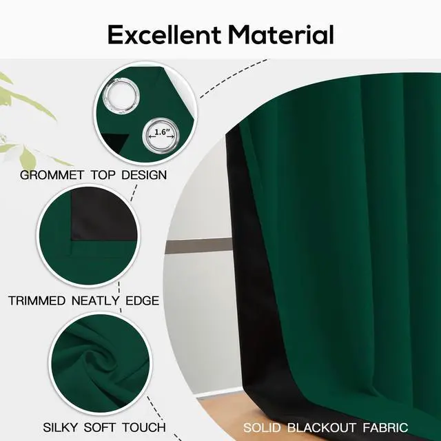 Alt view image 4 of 7 - Emerald Green Blackout Curtains 84 inches for Living Room, 52" Wide | Thermal Insulated Window Treatment Total Blocking Panels with Black Liner for Living Room/Dining Room Grommet Top 2 Panels