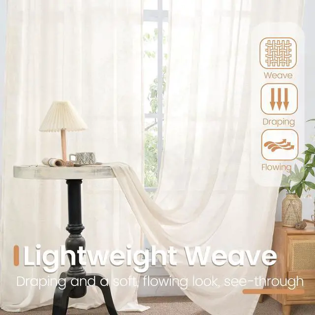 Alt view image 5 of 7 - Linen Sheer Curtains 84 Inches Long 2 Panels Set for Living Room | Light Filtering Drapes with Rod Pocket Lightweight Window Treatments for Bedroom, 52 X 84 Inch Length