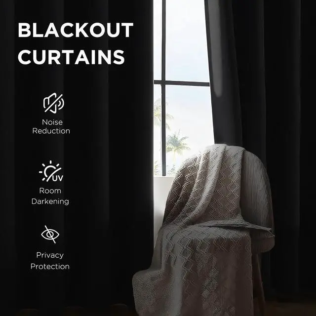 Alt view image 3 of 7 - Black Blackout Curtains 72 Inches Long, Thermal Insulated Noise Reducing Grommet Window Drapes for Bedroom & Living Room(52x72 Inch, 2 Panels)