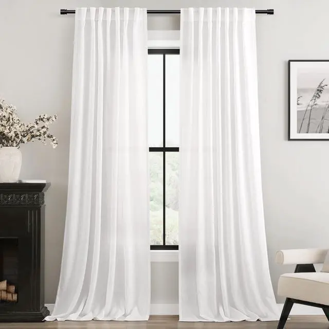 Main image of Linen White Curtains 84 inches Long for Bedroom Back Tab Privacy Light Filtering Semi Sheer White Boho Farmhouse Curtain Drapes Cotton Textured Modern Elegant Coastal Living Room Decor Off White