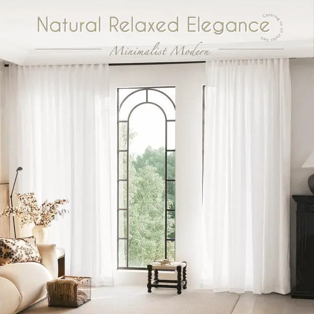 Alt view image 6 of 7 - Linen White Curtains 84 inches Long for Bedroom Back Tab Privacy Light Filtering Semi Sheer White Boho Farmhouse Curtain Drapes Cotton Textured Modern Elegant Coastal Living Room Decor Off White