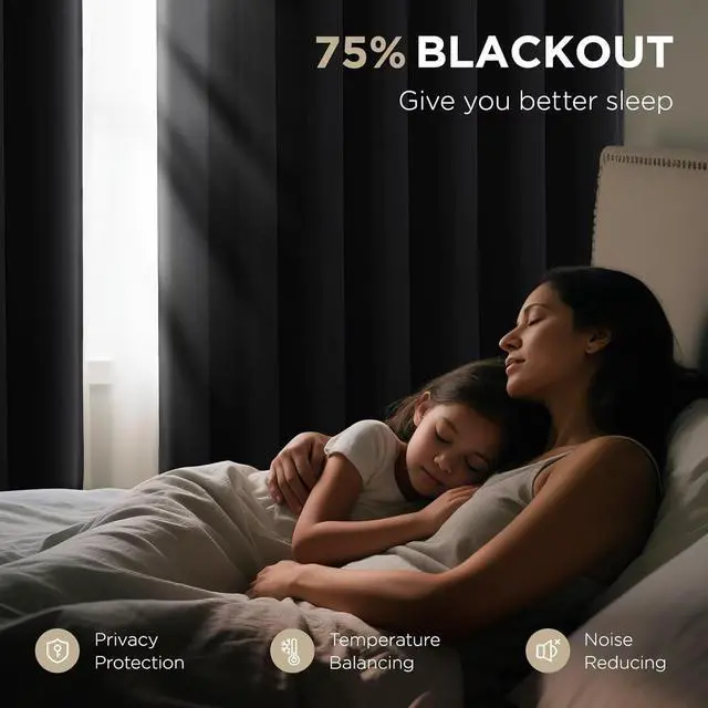 Alt view image 2 of 7 - Blackout Curtains for Bedroom,Black Out Curtains 84 Inch Long, Black Drapes with Grommets, Noise Reducing Energy Saving Thermal Insulated & Wrinkle-Free Drapes for Living Room, 2 Panels