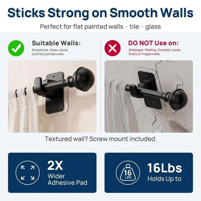 Alt view image 2 of 7 - Curtain Rods No Drilling for Renter, 28-47" Adjustable, Black | Easy Tool-Free Installation, Sag-Resistant, Adhesive for Smooth Surface, Flexible Fit for Apartment, Dorm, RVs, Door, Closet