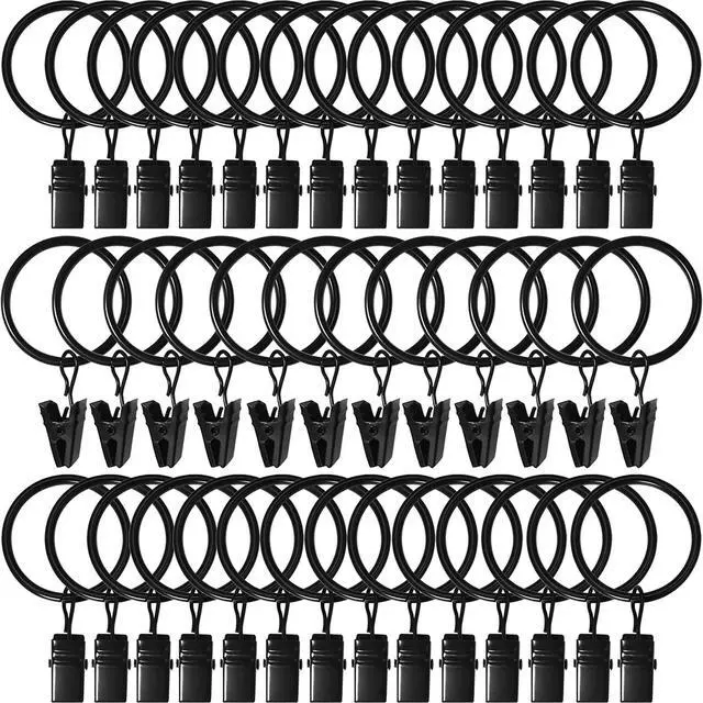 Main image of 40 Pack Curtain Rings with Clips, Drapery Clips with Rings, Drapes Rings 1.26 in Interior Diameter, Fits up to 1 in Curtain Rod, Black