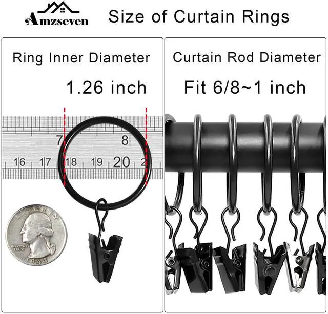 Alt view image 3 of 7 - 40 Pack Curtain Rings with Clips, Drapery Clips with Rings, Drapes Rings 1.26 in Interior Diameter, Fits up to 1 in Curtain Rod, Black