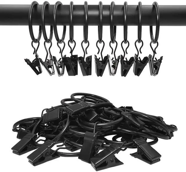 Alt view image 6 of 7 - 40 Pack Curtain Rings with Clips, Drapery Clips with Rings, Drapes Rings 1.26 in Interior Diameter, Fits up to 1 in Curtain Rod, Black