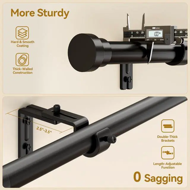 Alt view image 4 of 7 - Curtain Rods 32-144 Inch, Heavy Duty 1 Inch Adjustable Curtain Rod for Windows, Black Extra Long Window Treatment Rods, Modern Design, Easy Installation