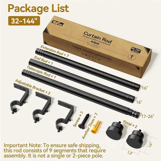 Alt view image 6 of 7 - Curtain Rods 32-144 Inch, Heavy Duty 1 Inch Adjustable Curtain Rod for Windows, Black Extra Long Window Treatment Rods, Modern Design, Easy Installation