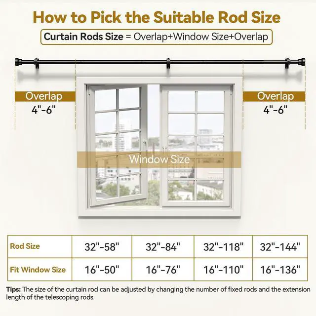 Alt view image 7 of 7 - Curtain Rods 32-144 Inch, Heavy Duty 1 Inch Adjustable Curtain Rod for Windows, Black Extra Long Window Treatment Rods, Modern Design, Easy Installation